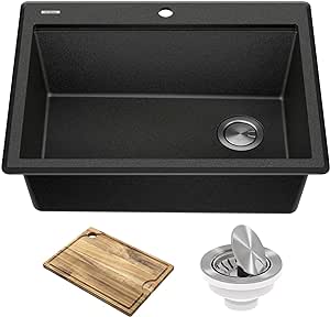 KRAUS Bellucci 28-inch Granite Composite Workstation Drop-In Top Mount Single Bowl Kitchen Sink in Metallic Black with Accessories, KGTW12-28MBL