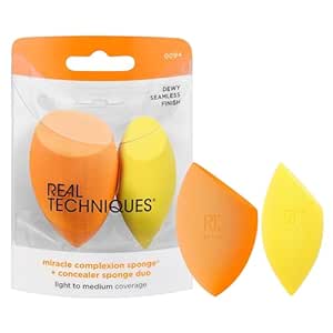 Real Techniques Miracle Complexion Sponge   Concealer Sponge Duo, Makeup Blending Sponges For Foundation & Concealer, Offers Light To Medium Coverage, Natural, Dewy Makeup, Latex-Free Foam, 2 Count