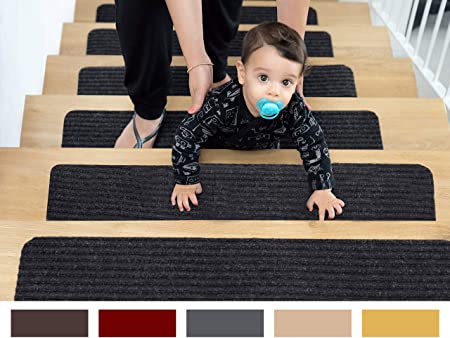 EdenProducts Patent Pending Non Slip Carpet Stair Treads, Set of 2, Rug Non Skid Runner for Grip and Beauty. Safety Slip Resistant for Kids, Elders, and Dogs. 8" X 30", Gray, Pre Applied Adhesive