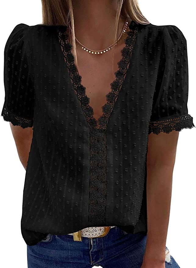 Asvivid Womens Lace Crochet V Neck Blouse Casual Short Sleeve Tunic Shirts Tops