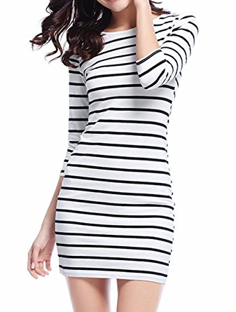 Genluna Women's 3/4 Sleeve Striped Bodycon Dress Casual Dresses(XS-XL)