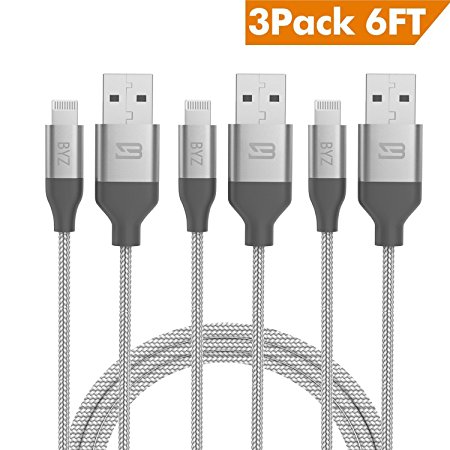 BYZ iPhone Charger Lightning Cable [3 packs] - 6 ft Nylon Braided USB cable Sync & Charging Cord for iPhone 7 Plus 7 6S Plus 6 Plus SE 5S 5C 5, iPad 2 3 4 Mini, iPad Pro Air, iPod - Grey