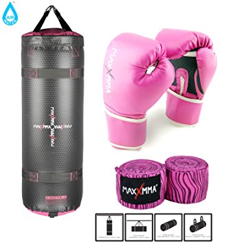 MaxxMMA Grey/Pink Training & Fitness Heavy Bag   10 oz Pro Boxing Gloves   Pink Zebra Bamboo Hand Wrap