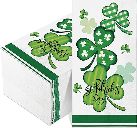 Outus 100 Pcs St. Patrick's Day Napkins Green Shamrock Paper Napkins Lucky Clover Cocktail Napkins Patty's Day Guest Napkins for Irish Event Dating Dinners and Celebrations, 4.3 x 7.9 Inch Folded