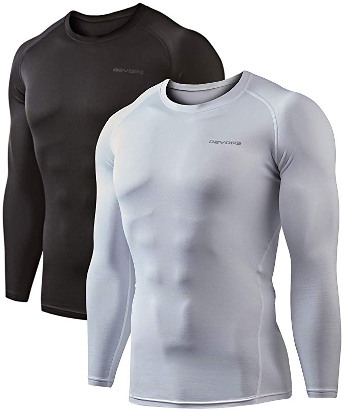 DEVOPS Men's 2 Pack Thermal Heat-Chain Compression Baselayer Tops Long Sleeve T-Shirts