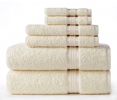 Cotton Craft Ultra Soft 6 Piece Towel Set Ivory, Luxurious 100% Ringspun Cotton, Heavy Weight & Absorbent, Rayon Trim - 2 Oversized Large Bath Towels 30x54, 2 Hand Towels 16x28, 2 Wash Cloths 12x12