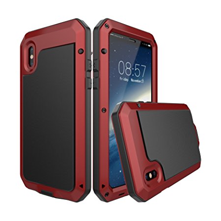 iPhone X Case, Heavy Duty Shockproof Lanhiem Rugged Metal [Full-Body] Bumper Protective Shell with Built-in Clear Screen Cover for Apple iPhone 10 (2017 Release), Dust Proof Design -Red