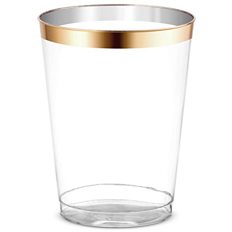 BloominGoods Clear Plastic Cups 10-Ounce with Gold Rim - Fancy Disposable Plastic Wedding Cups Tumblers for Party Holiday and Occasions (50-Pack)