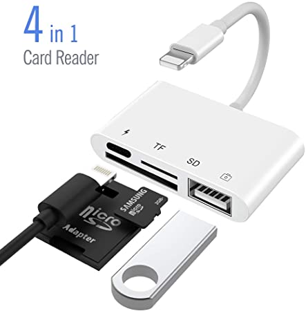 SD Card Reader for iPhone iPad, 4 in 1 USB OTG Camera Connection Kit with Camera Memory Reader, SD &TF Dual Slot Card, Power Delivery, Compatible with iPhone Xs Max/Xs/XR/X/8/7/6s/6