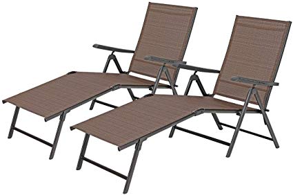 MF STUDIO PHI Villa 2 Piece 5 Stages Adjustable Folding Lounge Deck Chair,Outdoor Patio Metal Beach Yard Pool Recliner Chaise - Brown