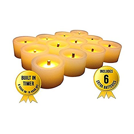 Gift Flameles Candles,LED Battery Powered Candles~Real Wax Mini Votive Black Wick Timing Function Measures 1"H x 2"W (Set of 12)