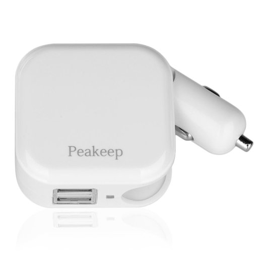 Peakeep Portable Travel Charger with Foldable AC wall / DC Car Plug and Dual Smart USB 2.4A In Total Output Charger (White)