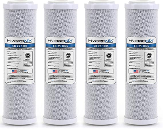 Hydronix 4 Pack Carbon Block Water Filters Coconut Shell CTO for Whole House, RO, DI, Hydroponics - 10" x 2.5", 5 Micron