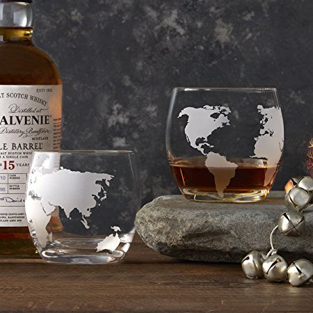 Etched Globe Whiskey Glasses 12 oz -Set of 2