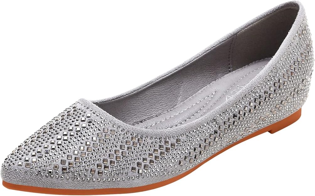 KUNWFNIX Women's Diamond Embellished Flat Shoes - Slip Resistant Sole - Elegant and Comfortable Cozy Anti Slip Sole Ballet Flats