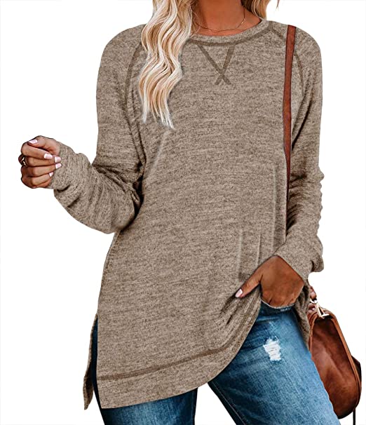 Aokosor Women's Long Sleeve Loose Casual Fall Pullover Side Split Tunic Tops