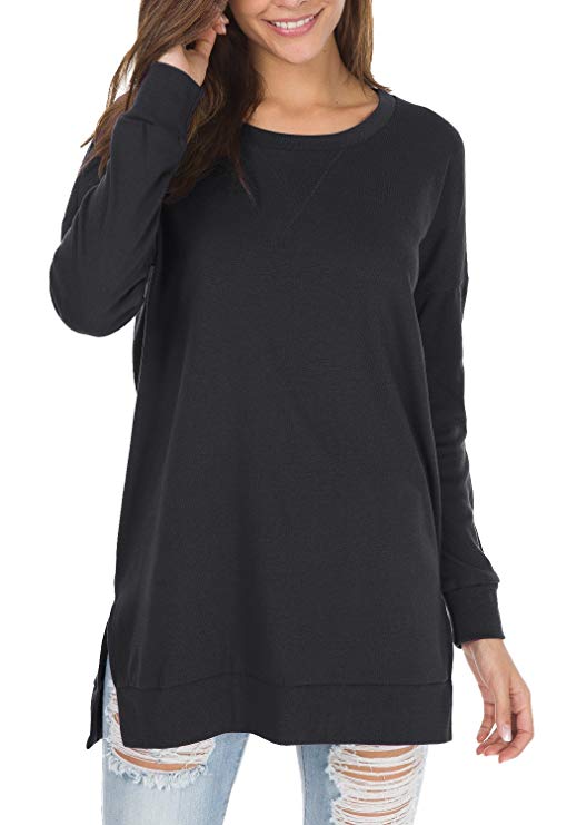 levaca Women's Fall Long Sleeve Side Split Loose Casual Pullover Tunic Tops