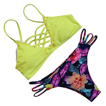 MOOSKINI Womens Push up Padded Bikini Floral Printing Bottom Swimsuit 2 Piece (FBA Optional)