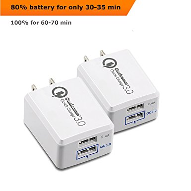 USB Wall Charger Quick Charge 3.0, Dual Port, QC 2.4A Qualcomm, Fast for Travel (2-pack)