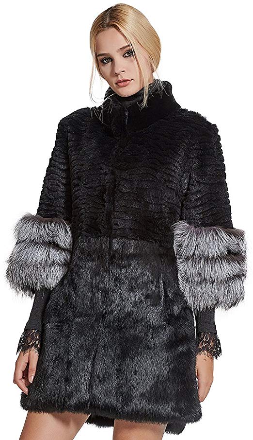fur story Women's Genuine Rabbit Fur Coat with Fox Fur Cuffs Warm Winter Coat