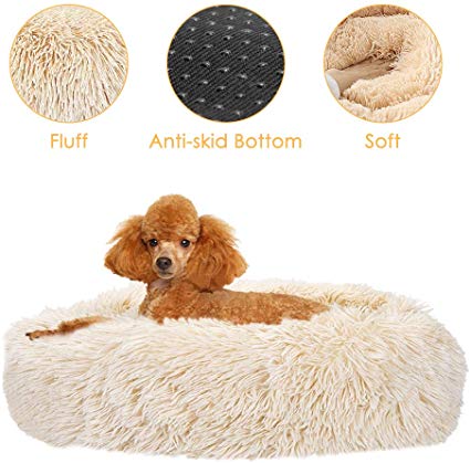 SlowTon Dog Calming Bed, Donut Cuddler Nest Warm Soft Plush Dog Cat Cushion with Cozy Sponge Non-Slip Bottom for Small Medium Pets Snooze Sleeping Autumn Indoor, Machine Washable