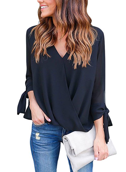 Dokotoo Womens Casual Summer Ladies Chiffon Ruffle V Neck Blouses and Tops Shirts