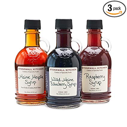 Stonewall Kitchen Syrup Collection Including 8.5 Ounce Bottles of Wild Maine Blueberry Syrup, Maine Maple Syrup, and Raspberry Syrup