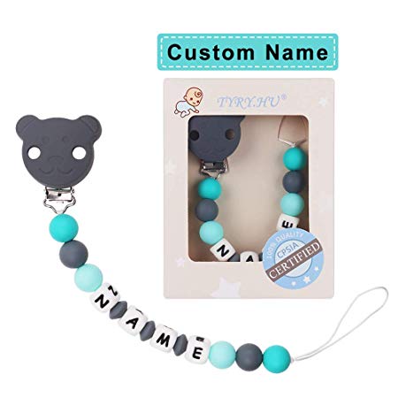TYRY.HU Personalized Dummy Clip Baby Silicone Teethers Pacifier Clips Soother Chain Holders Teething Toys Chewable Beads Handmade Shower Gift (Grey Bear)