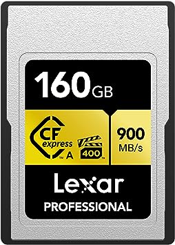 Lexar Professional 160GB CFexpress Type A Gold Series Memory Card, Up to 900MB/s Read, Cinema-Quality 8K Video, Rated VPG 400 (LCAGOLD160G-RNENG), Black/Gold