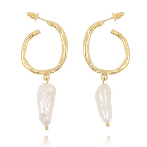 Large Hoop Dangle Baroque Cultured Freshwater Pearls Earrings with Hypoallergenic Posts for Women Girls
