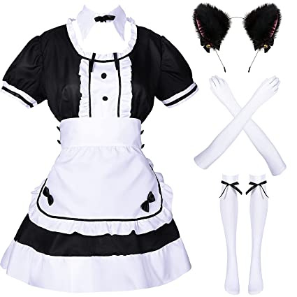 4 Pieces Halloween Cosplay Costume Set French Maid Apron Lolita Fancy Dress Cosplay Plush Furry Cat Ears Headband with Ribbon Bell for Women Girls Halloween Cosplay Party