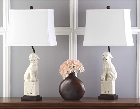 MISC Set of 2 - Cream Foo Dog Lamp Lion Ancient Fu Dogs Light Asian Decor Guardian Chinese Statue Lighting China Cultural Asia Japanese Korean, Ceramic 28"