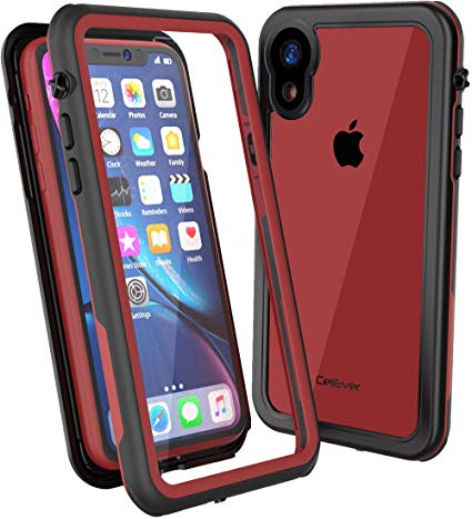 CellEver Clear iPhone XR Case Waterproof Shockproof IP68 Certified SandProof Snowproof Full Body Protective Clear Transparent Cover Fits Apple iPhone XR 6.1 inch (2018) - KZ Red