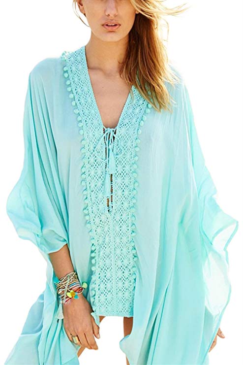 FARYSAYS Women's Crochet Applique Tassel Tie Kaftan Swimsuit Bikini Beach Cover up