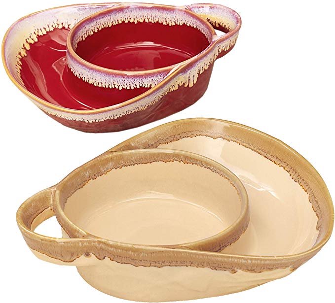 Set of 2 Cream and Red Stoneware Soup & Side Bowls by Unique's Shop