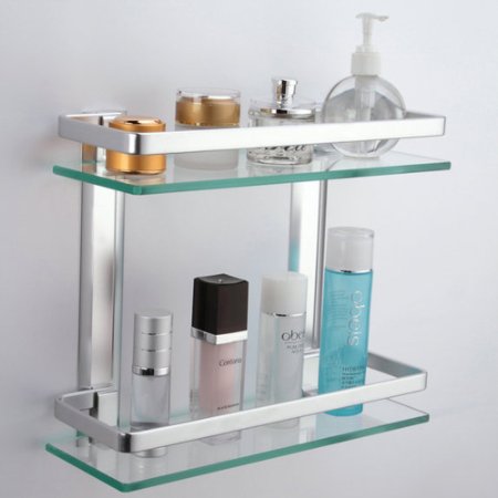 KES Bathroom 2-Tier Glass Shelf with Rail Aluminum and Extra Thick Tempered Glass Shower Shelving Rectangular Contemporary Style Wall Mount A4126B