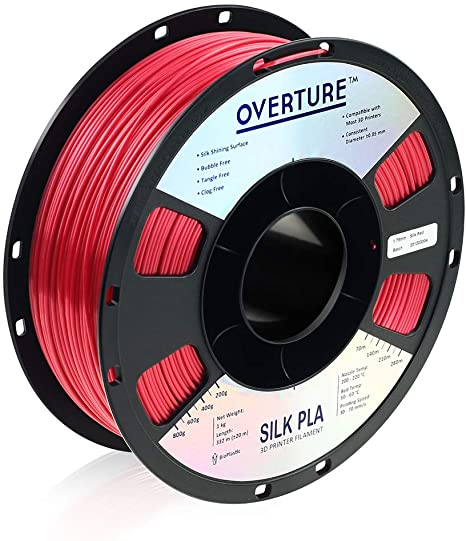 OVERTURE Silk Filament PLA 1.75mm with 3D Build Surface 200 x 200 mm Clog-Free Shiny 3D Printer Consumables, 1kg Spool (2.2lbs), Dimensional Accuracy  /- 0.05 mm, Silk Red