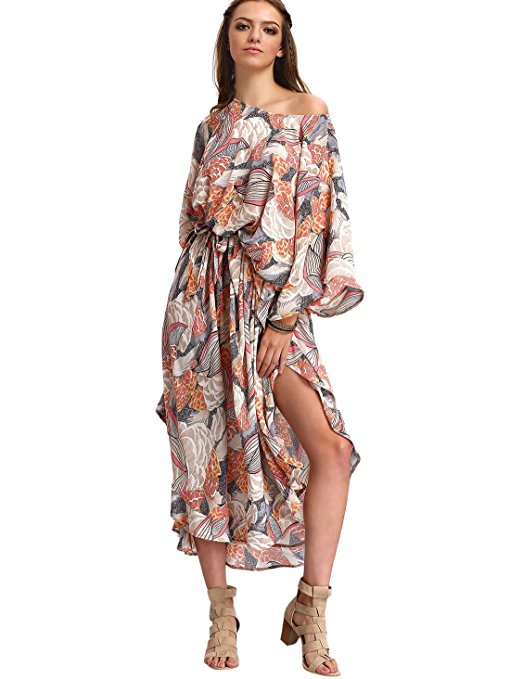 Milumia Women's Boho Floral Print Caftan Sleeve Maxi Dress