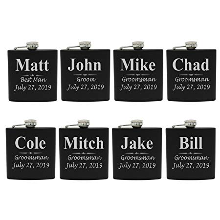 Set of 1, 2, 3, 4, 5, 6, 7, 8 Personalized Black Flask - Custom Engraved Groomsmen, Best Man, Groom Gift Flasks - 3 Lines Style (8)