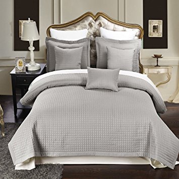 Full / Queen size Gray Coverlet 3pc set, Luxury Checkered Quilt by Royal Hotel