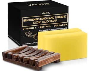 VALITIC Brightening Lemon & Turmeric Kojic Acid Soap with Vitamin C, Retinol, Collagen - Original Japanese Complex - with Hyaluronic Acid, Vitamin E, Shea Butter, Castile Olive Oil 2 Pack Holder