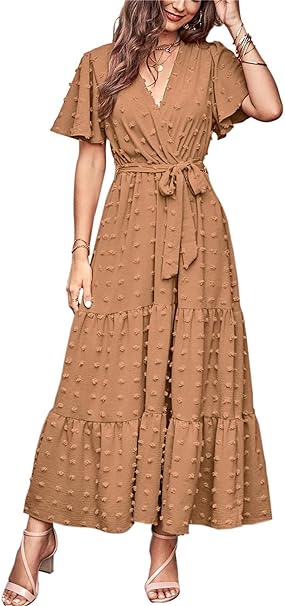 MASCOMODA Womens Boho Swiss Dot Maxi Dresses Wrap V Neck Flutter Short Sleeve Solid Tie Belt A Line Tiered Flowy Long Dresses