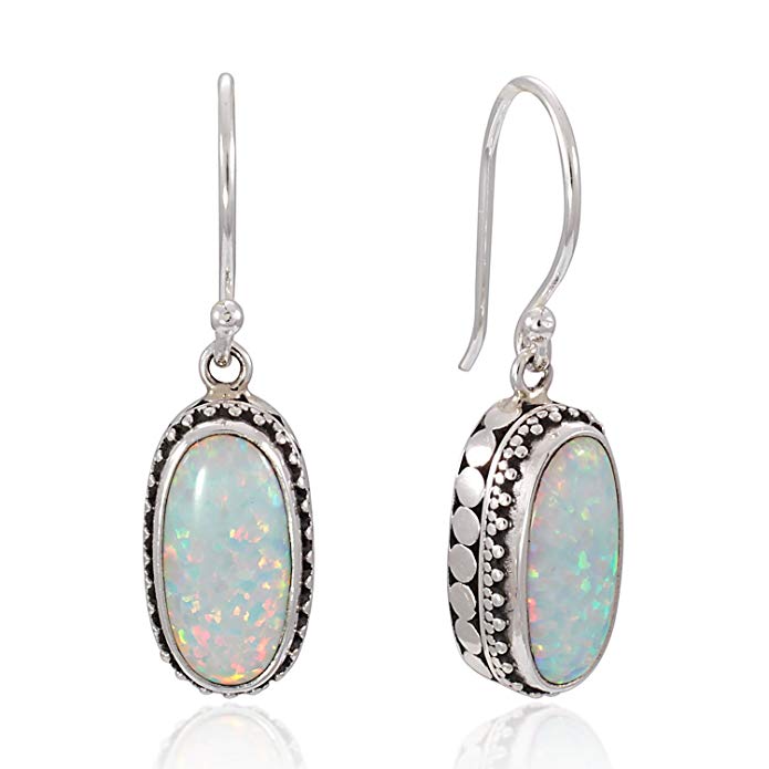 925 Sterling Silver Bali Vintage Filigree Design w/White Opal Dangle Earrings