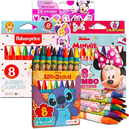 Jumbo Crayons for Girls Ages 1-3 Set - Bundle with Large Crayons for Toddlers Featuring Stitch, Minnie Mouse, and Fisher Price for Party Favors, Restaurants, Goodie Bags, More | Chubby Crayon Set