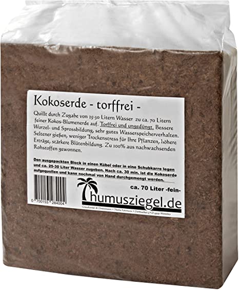 Humusziegel Coco Coir Planting Soil - Pressed Natural Coco Soil for Plants - Peat-Free Coco Fibre Soil Block Bricks - 5kg/70L Bag of Soil