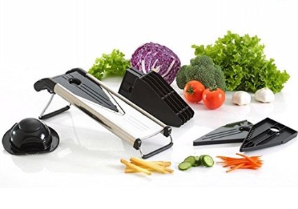 Mandoline Vegetable & Food Slicer, Stainless Steel with 5 V Blades for Julienne,grate,slice and Dice  Bonus Recipe Ebook By Fit Kitchen