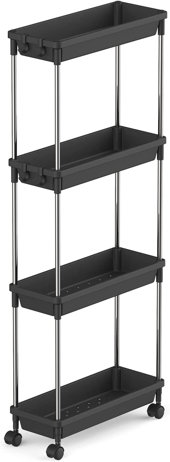 Lifewit Slim Storage Rolling Cart for Gap Narrow Space, 4 Tier Slide-Out Trolley Utility Rack Shelf Organizer with Wheels for Bathroom Kitchen Laundryroom Bedroom, Space-Saving Easy Assembly, Black