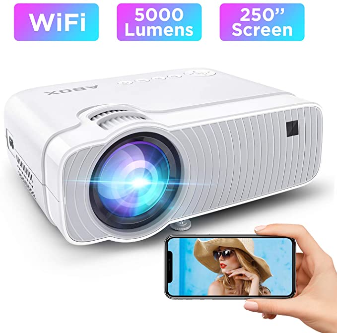 ABOX WiFi Projector, 5000 Lux Wireless Screen Mirroring Video Projector, Full HD 1080P Supported, 250'' Display, Compatible with TV Stick, PS4, HDMI for Home Theatre