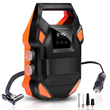 Digital Tyre Inflator, FYLINA Preset Air Compressor Tyre Pump Car Pump, 12V 120W 120PSI Tyre Pump with Larger Air Flow 35L/Min, 3 Nozzle, Super Bright LED Light, Large LED Screen for Cars /Motorcycle