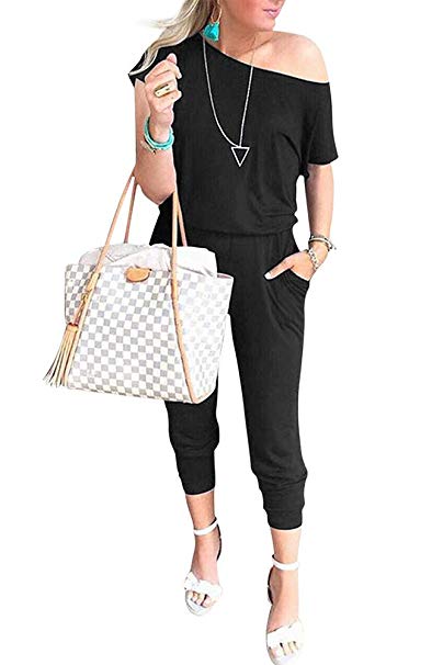 BUILT CLEAR Women's Casual Jumpsuit Off Shoulder Loose Elastic Waist Solid Dressy Long Romper with Pockets